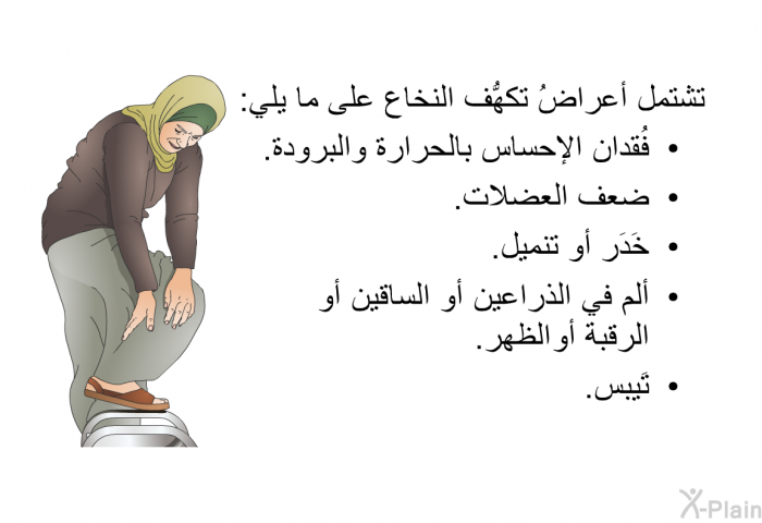 تشتمل أعراضُ تكهُّف النخاع على ما يلي:  فُقدان الإحساس بالحرارة والبرودة. ضعف العضلات. خَدَر أو تنميل. ألم في الذراعين أو الساقين أو الرقبة أو الظهر. تَيبس.