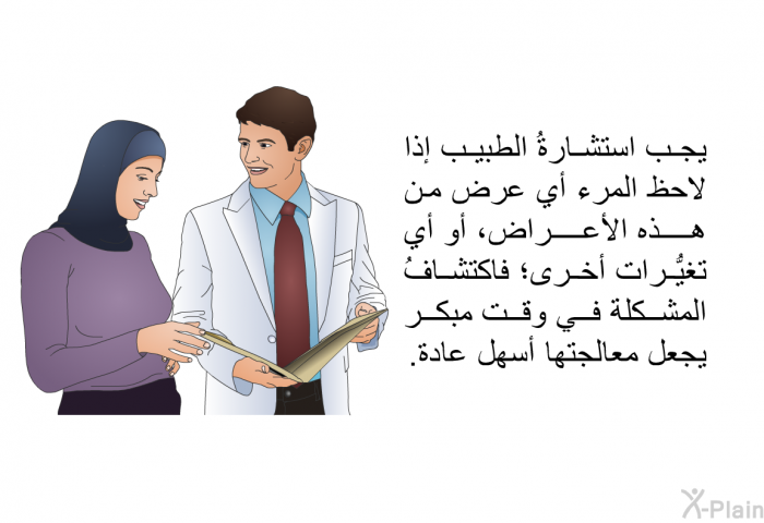 يجب استشارةُ الطبيب إذا لاحظ المرء أي عرض من هذه الأعراض، أو أي تغيُّرات أخرى؛ فاكتشافُ المشكلة في وقت مبكر يجعل معالجتها أسهل عادة.