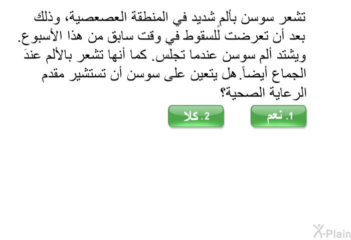 تشعر سوسن بألمٍ شديد في المنطقة العصعصية، وذلك بعد أن تعرضت للسقوط في وقت سابق من هذا الأسبوع. ويشتد ألم سوسن عندما تجلس. كما أنها تشعر بالألم عندَ الجماع أيضاً. هل يتعين على سوسن أن تستشير مقدم الرعاية الصحية؟