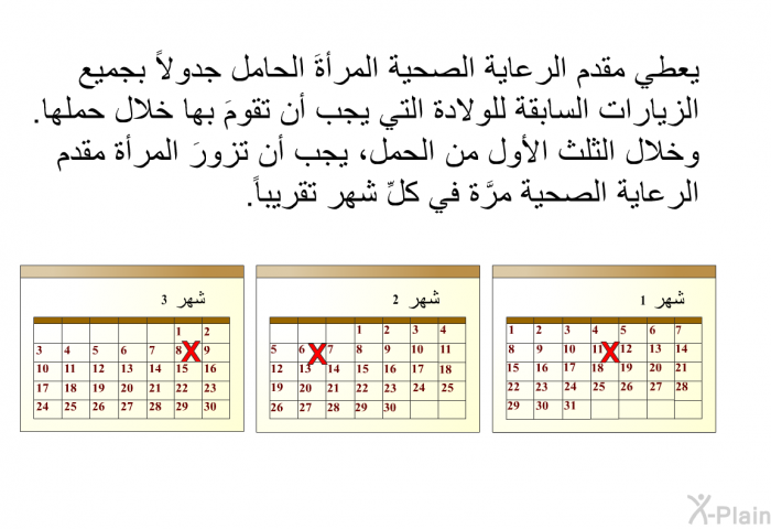 يعطي مقدم الرعاية الصحية المرأةَ الحامل جدولاً بجميع الزيارات السابقة للولادة التي يجب أن تقومَ بها خلال حملها. وخلال الثلث الأول من الحمل، يجب أن تزورَ المرأة مقدم الرعاية الصحية مرَّة في كلِّ شهر تقريباً.