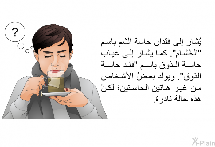 يُشار إلى فقدان حاسة الشم باسم "الخُشام". كما يشار إلى غياب حاسة الذوق باسم "فقد حاسة الذوق". ويولد بعضُ الأشخاص من غير هاتين الحاستين؛ لكنَّ هذه حالة نادرة.