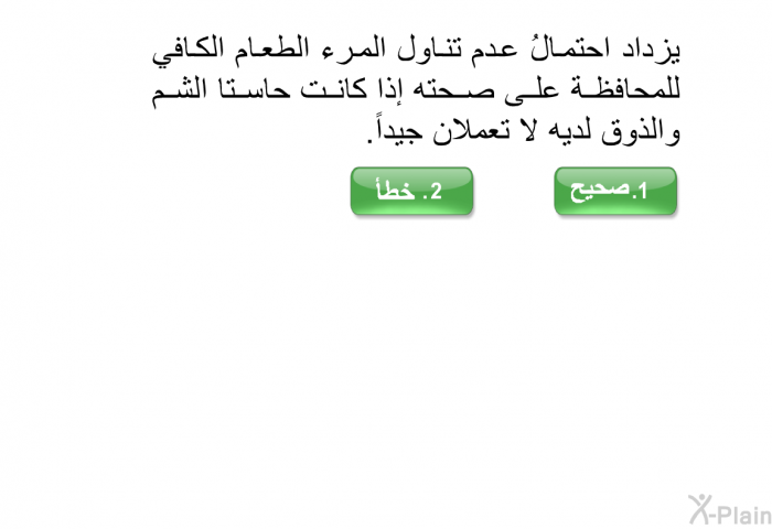 يزداد احتمالُ عدم تناول المرء الطعام الكافي للمحافظة على صحته إذا كانت حاستا الشم والذوق لديه لا تعملان جيداً.