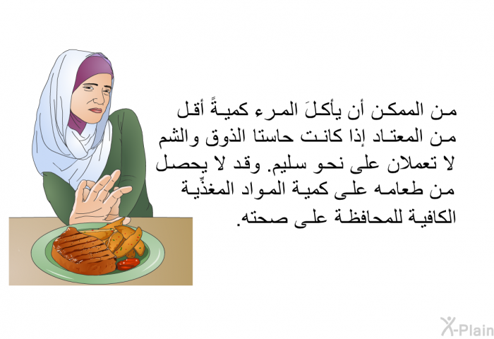 من الممكن أن يأكلَ المرء كميةً أقل من المعتاد إذا كانت حاستا الذوق والشم لا تعملان على نحو سليم. وقد لا يحصل من طعامه على كمية المواد المغذِّية الكافية للمحافظة على صحته.