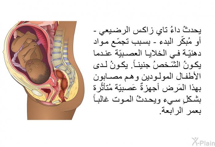 يحدثُ داءُ تاي زاكس الرضيعي - أو مُبكّر البدء - بسبب تجمّع مواد دهنيّة في الخلايا العصبيّة عندما يكونُ الشّخصُ جنيناً. يكونُ لدى الأطفال المولودين وهم مصابون بهذا المَرض أجهزةٌ عَصبيّة مُتأثّرة بشكلٍ سيء ويحدثُ الموت غالباً بعمر الرابعة.