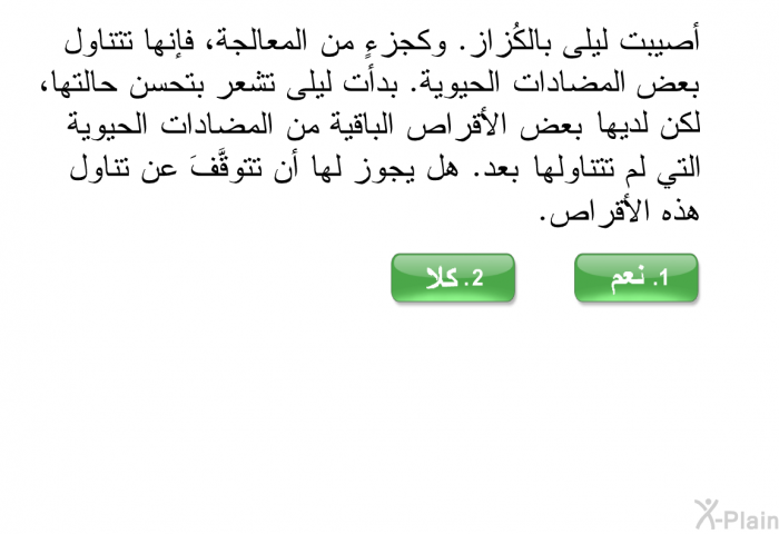 أصيبت ليلى بالكُزاز. وكجزءٍ من المعالجة، فإنها تتناول بعض المضادات الحيوية. بدأت ليلى تشعر بتحسن حالتها، لكن لديها بعض الأقراص الباقية من المضادات الحيوية التي لم تتناولها بعد. هل يجوز لها أن تتوقَّفَ عن تناول هذه الأقراص.