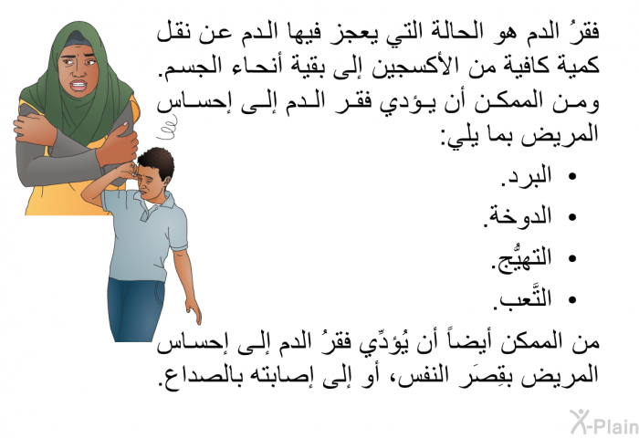 فقرُ الدم هو الحالة التي يعجز فيها الدم عن نقل كمية كافية من الأكسجين إلى بقية أنحاء الجسم. ومن الممكن أن يؤدي فقر الدم إلى إحساس المريض بما يلي:  البرد. الدوخة. التهيُّج. التَّعب.  
 من الممكن أيضاً أن يُؤدِّي فقرُ الدم إلى إحساس المريض بقِصَر النفس، أو إلى إصابته بالصداع.