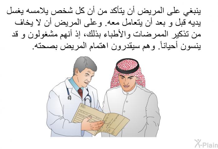 ينبغي على المريض أن يتأكد من أن كل شخص يلامسه يغسل يديه قبل و بعد أن يتعامل معه. وعلى المريض أن لا يخاف من تذكير الممرضات والأطباء بذلك، إذ أنهم مشغولون و قد ينسون أحيانأً. وهم سيقدرون اهتمام المريض بصحته.