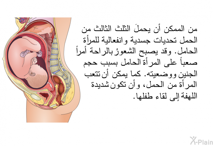 من الممكن أن يحملَ الثلث الثالث من الحمل تحديات جسدية وانفعالية للمرأة الحامل. وقد يصبح الشعورُ بالراحة أمراً صعباً على المرأة الحامل بسبب حجم الجنين ووضعيته. كما يمكن أن تتعب المرأة من الحمل، وأن تكون شديدة اللهفة إلى لقاء طفلها.