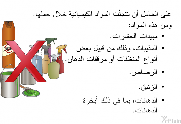 على الحامل أن تتجنَّبَ المواد الكيميائية خلال حملها. ومن هذه المواد:  مبيدات الحشرات. المذيبات، وذلك من قبيل بعض أنواع المنظفات أو مرققات الدهان. الرصاص. الزئبق. الدهانات، بما في ذلك أبخرة الدهانات.