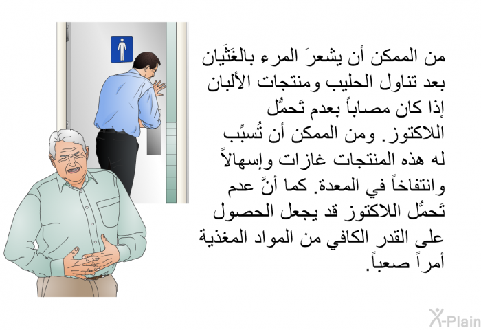 من الممكن أن يشعرَ المرء بالغَثَيان بعد تناول الحليب ومنتجات الألبان إذا كان مصاباً بعدم تَحمُّل اللاكتوز. ومن الممكن أن تُسبِّب له هذه المنتجات غازات وإسهالاً وانتفاخاً في المعدة. كما أنَّ عدم تَحمُّل اللاكتوز قد يجعل الحصول على القدر الكافي من المواد المغذية أمراً صعباً.