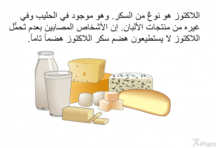 اللاكتوز هو نوعٌ من السكر. وهو موجود في الحليب وفي غيره من منتجات الألبان. إن الأشخاص المصابين بعدم تَحمُّل اللاكتوز لا يستطيعون هضم سكر اللاكتوز هضماً تاماً.