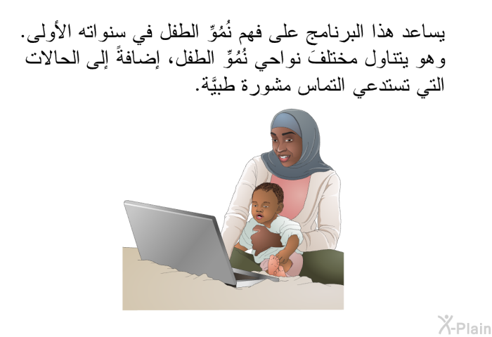 تساعد هذه المعلومات الصحية على فهم نُمُوِّ الطفل في سنواته الأولى. وهي تتناول مختلفَ نواحي نُمُوِّ الطفل، إضافةً إلى الحالات التي تستدعي التماس مشورة طبيَّة.