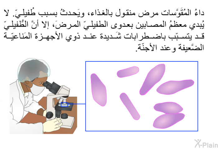 داءُ المُقَوَّسات مرضٌ منقولٌ بالغذاء، ويَحدثُ بسبب طُفيليّ. لا يُبدي معظمُ المصابين بعدوى الطفيليّ المرضَ، إلا أنَّ الطُّفيليّ قد يتسبّب باضطرابات شَديدة عند ذوي الأجهزة المَناعيّة الضَّعيفة وعند الأجنّة.