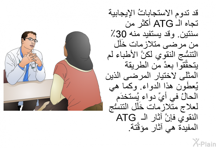 قد تدوم الاستجاباتُ الإيجابية تجاه الـ ATG أكثر من سنتين. وقد يستفيد منه 30٪ من مرضى متلازمات خَلَل التنسُّج النقوي، لكنَّ الأطباء لم يتحقَّقوا بعدُ من الطريقة المثلى لاختيار المرضى الذين يُعطَون هذا الدواء. وكما هي الحالُ في أيِّ دواء يُستخدَم لعلاج متلازمات خَلَل التنسُّج النقوي، فإنَّ آثار الـ ATG المفيدة هي آثار مؤقَّتة.