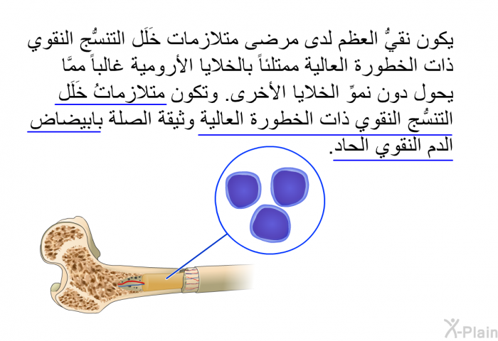 يكون نقيُّ العظم لدى مرضى متلازمات خَلَل التنسُّج النقوي ذات الخطورة العالية ممتلئاً بالخلايا الأرومية غالباً، ممَّا يحول دون نموِّ الخلايا الأخرى. وتكون متلازماتُ خَلَل التنسُّج النقوي ذات الخطورة العالية وثيقةَ الصلة بابيضاض الدم النقوي الحاد.