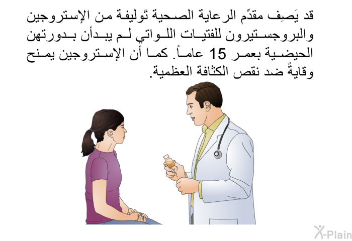 قد يَصِف مقدِّم الرعاية الصحية تَوليفة من الإستروجين والبروجستيرون للفتيات اللواتي لم يبدأن بدورتهن الحيضية بعمر 15 عاماً. كما أن الإستروجين يمنح وقايةً ضد نقص الكثافة العظمية.