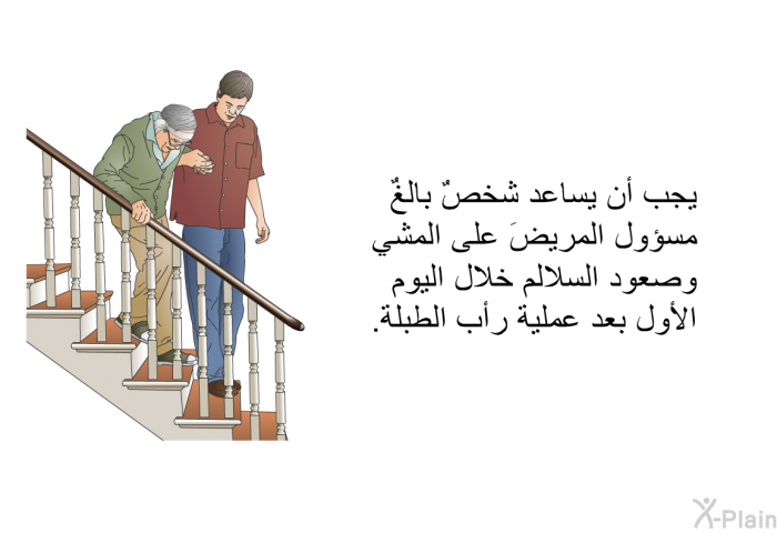 يجب أن يساعد شخصٌ بالغٌ مسؤول المريضَ على المشي وصعود السلالم خلال اليوم الأول بعد عملية رأب الطبلة.