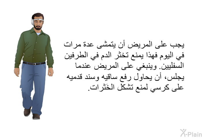 يجب على المريض أن يتمشى عدة مرات في اليوم فهذا يمنع تخثر الدم في الطرفين السفليين. و وينبغي على المريض عندما يجلس، أن يحاول رفع ساقيه وسند قدميه على كرسي لمنع تشكل الخَثرات.