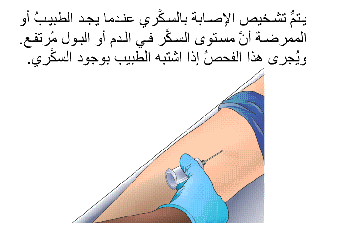 يتمُّ تشخيص الإصابة بالسكَّري عندما يجد الطبيبُ أو الممرضة أنَّ مستوى السكَّر في الدم أو البول مُرتفع. ويُجرى هذا الفحصُ إذا اشتبه الطبيب بوجود السكَّري.