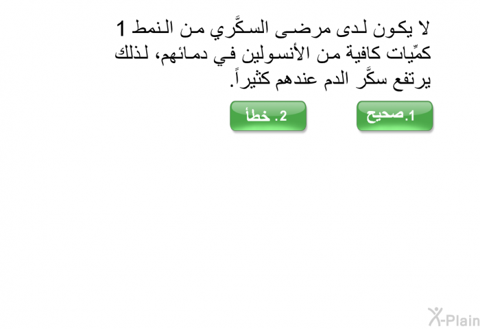 لا يكون لدى مرضى السكَّري من النمط 1 كمِّيات كافية من الأنسولين في دمائهم، لذلك يرتفع سكَّر الدم عندهم كثيراً.