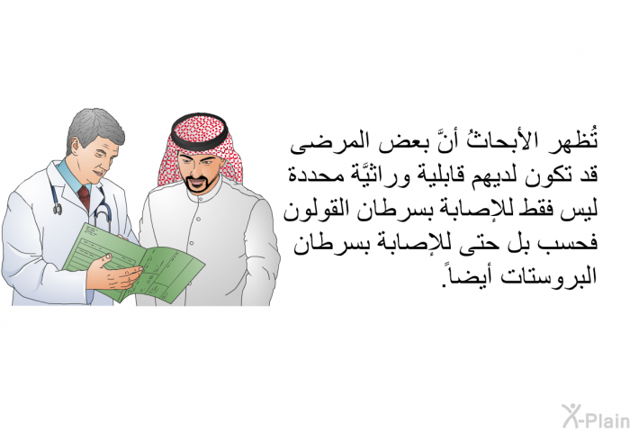 تُظهر الأبحاثُ أنَّ بعض المرضى قد تكون لديهم قابلية وراثيَّة محددة ليس فقط للإصابة بسرطان القولون فحسب بل حتى للإصابة بسرطان البروستات أيضاً.