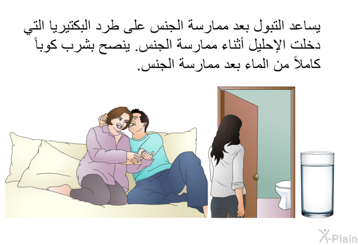 يساعد التبول بعد ممارسة الجنس على طرد البكتيريا التي دخلت الإحليل أثناء ممارسة الجنس. ينصح بشرب كوباً كاملاً من الماء بعد ممارسة الجنس.