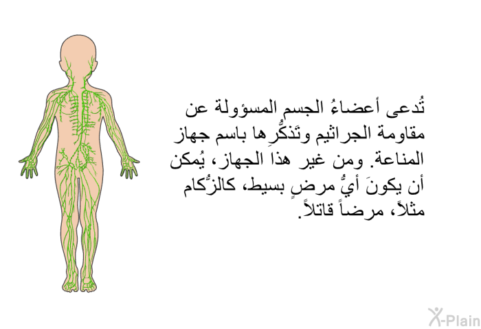 تُدعى أعضاءُ الجسم المسؤولة عن مقاومة الجراثيم وتَذكُّرِها باسم جهاز المناعة. ومن غير هذا الجهاز، يُمكن أن يكونَ أيُّ مرضٍ بسيط، كالزُّكام مثلاً، مرضاً قاتلاً.