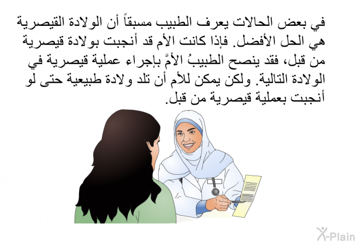 في بعض الحالات يعرف الطبيب مسبقاً أن الولادة القيصرية هي الحل الأفضل. فإذا كانت الأم قد أنجبت بولادة قيصرية من قبل، فقد ينصح الطبيبُ الأمَّ بإجراء عملية قيصرية في الولادة التالية. ولكن يمكن للأم أن تلد ولادة طبيعية حتى لو أنجبت بعملية قيصرية من قبل.