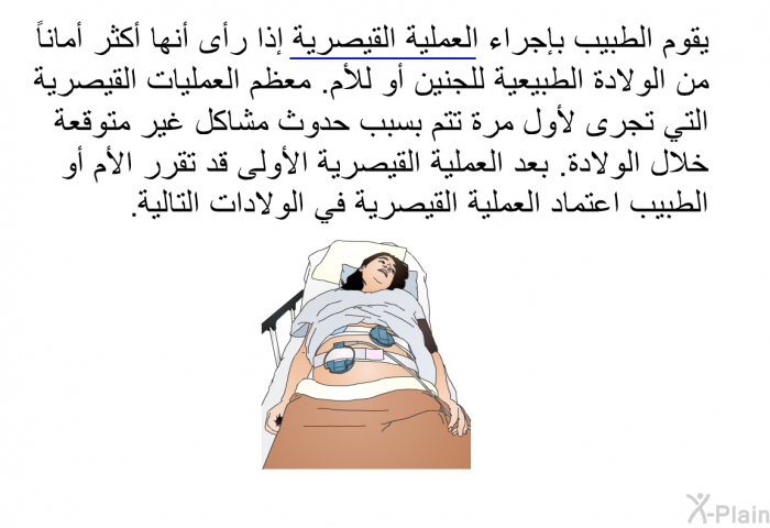 يقوم الطبيب بإجراء العملية القيصرية إذا رأى أنها أكثر أماناً من الولادة الطبيعية للجنين أو للأم. معظم العمليات القيصرية التي تجرى لأول مرة تتم بسبب حدوث مشاكل غير متوقعة خلال الولادة. بعد العملية القيصرية الأولى قد تقرر الأم أو الطبيب اعتماد العملية القيصرية في الولادات التالية.