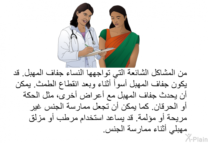 من المشاكل الشائعة التي تواجهها النساء جفاف المهبل. قد يكون جفاف المهبل أسوأ أثناء وبعد انقطاع الطمث. يمكن أن يحدث جفاف المهبل مع أعراض أخرى ، مثل الحكة أو الحرقان. كما يمكن أن تجعل ممارسة الجنس غير مريحة أو مؤلمة. قد يساعد استخدام مرطب أو مزلق مهبلي أثناء ممارسة الجنس.