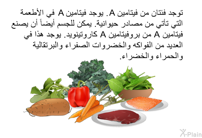 توجد فئتان من فيتامين A. يوجد فيتامين A في الأطعمة التي تأتي من مصادر حيوانية. يمكن للجسم أيضاً أن يصنع فيتامين A من بروفيتامين A كاروتينويد. يوجد هذا في العديد من الفواكه والخضروات الصفراء والبرتقالية والحمراء والخضراء.