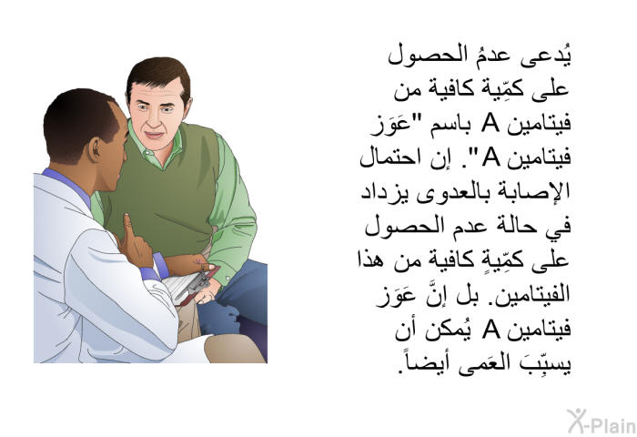 يُدعى عدمُ الحصول على كمِّية كافية من فيتامين A باسم "عَوَز فيتامين A". إن احتمال الإصابة بالعدوى يزداد في حالة عدم الحصول على كمِّيةٍ كافية من هذا الفيتامين. بل إنَّ عَوَز فيتامين A يُمكن أن يسبِّبَ العَمى أيضاً.