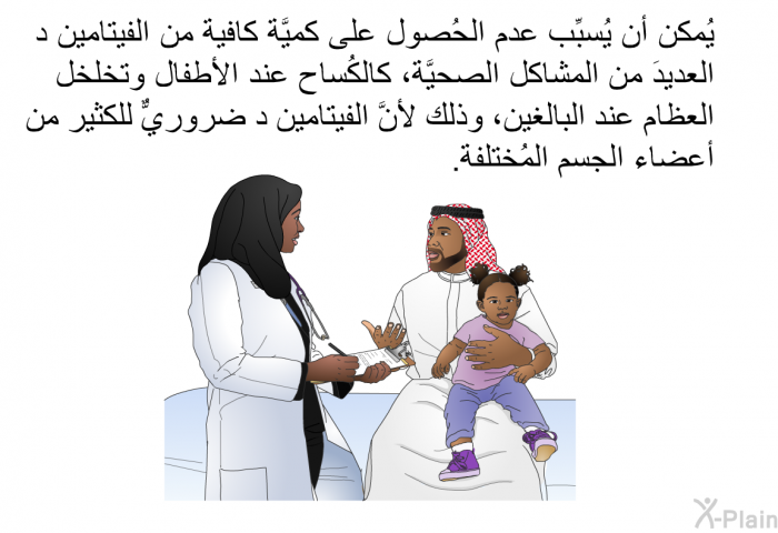 يُمكن أن يُسبِّب عدم الحُصول على كميَّة كافية من الفيتامين د العديدَ من المشاكل الصحيَّة، كالكُساح عند الأطفال وتخلخل العظام عند البالغين، وذلك لأنَّ الفيتامين د ضروريٌّ للكثير من أعضاء الجسم المُختلفة.