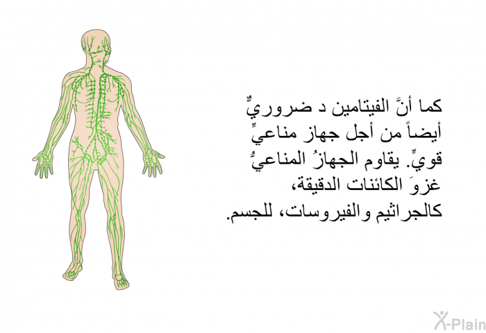 كما أنَّ الفيتامين د ضروريٌّ أيضاً من أجل جهاز مناعيٍّ قويٍّ. يقاوم الجهازُ المناعيُّ غزوَ الكائنات الدقيقة، كالجراثيم والفيروسات، للجسم.