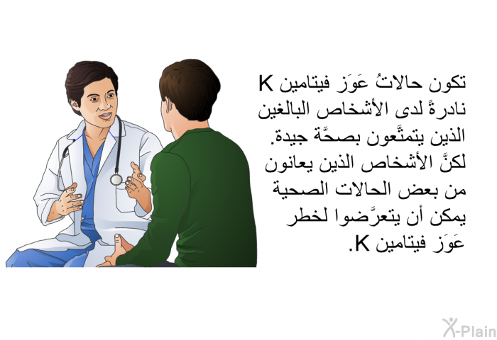 تكون حالاتُ عَوَز فيتامين K نادرةً لدى الأشخاص البالغين الذين يتمتَّعون بصحَّة جيدة. لكنَّ الأشخاص الذين يعانون من بعض الحالات الصحية يمكن أن يتعرَّضوا لخطر عَوَز فيتامين K.