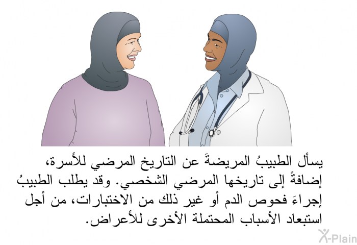 يسأل الطبيبُ المريضةَ عن التاريخ المرضي للأسرة، إضافةً إلى تاريخها المرضي الشخصي. وقد يطلب الطبيبُ إجراءَ فحوص الدم أو غير ذلك من الاختبارات، من أجل استبعاد الأسباب المحتملة الأخرى للأعراض.
