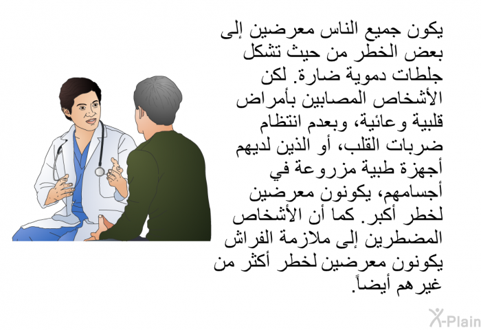 يكون جميع الناس معرضين إلى بعض الخطر من حيث تشكل جلطات دموية ضارة. لكن الأشخاص المصابين بأمراض قلبية وعائية، وبعدم انتظام ضربات القلب، أو الذين لديهم أجهزة طبية مزروعة في أجسامهم، يكونون معرضين لخطر أكبر. كما أن الأشخاص المضطرين إلى ملازمة الفراش يكونون معرضين لخطر أكثر من غيرهم أيضاً.