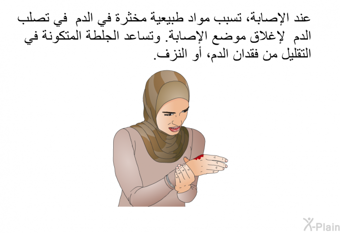 عند الإصابة، تسبب مواد طبيعية مخثرة في الدم في تصلب الدم لإغلاق موضع الإصابة. وتساعد الجلطة المتكونة في التقليل من فقدان الدم، أو النزف.