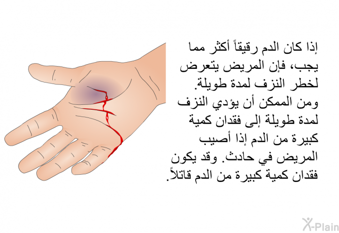 إذا كان الدم رقيقاً أكثر مما يجب، فإن المريض يتعرض لخطر النزف لمدة طويلة. ومن الممكن أن يؤدي النزف لمدة طويلة إلى فقدان كمية كبيرة من الدم إذا أصيب المريض في حادث. وقد يكون فقدان كمية كبيرة من الدم قاتلاً.