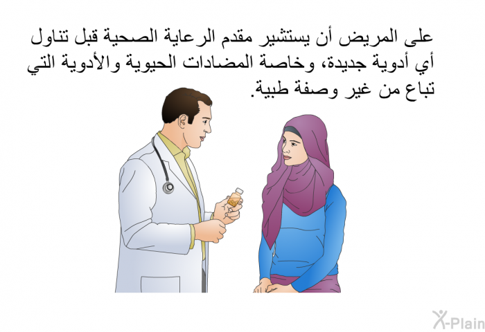 على المريض أن يستشير مقدم الرعاية الصحية قبل تناول أي أدوية جديدة، وخاصة المضادات الحيوية والأدوية التي تباع من غير وصفة طبية.