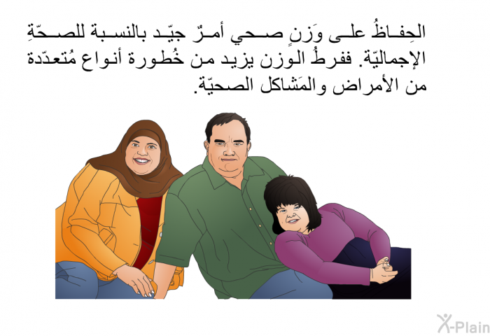 الحِفاظُ على وَزنٍ صحي أمرٌ جيّد بالنسبة للصحّةِ الإجماليّة. ففرطُ الوزن يزيد من خُطورة أنواع مُتعدّدة من الأمراض والمَشاكل الصحيّة.