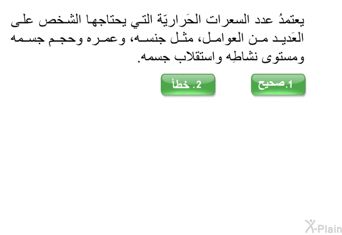 يعتمدُ عدد السعرات الحَراريّة التي يحتاجها الشخص على العَديد من العوامل، مثل جنسه، وعمره وحجم جسمه ومستوى نشاطِه واستقلاب جسمه.