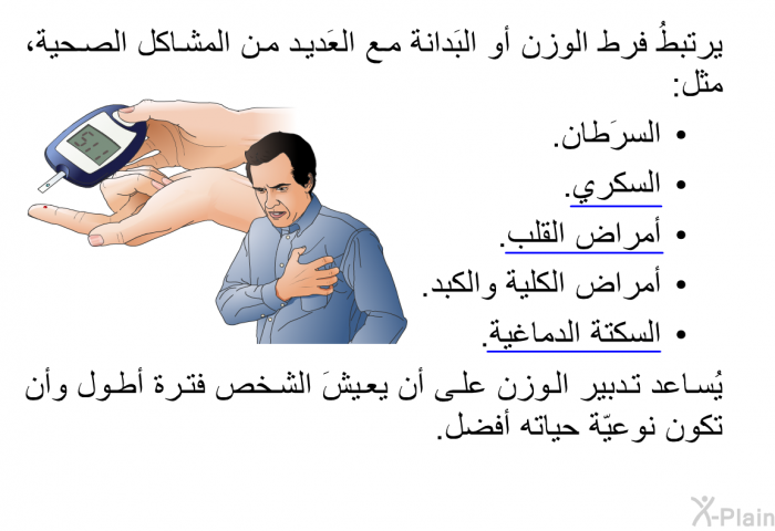 يرتبطُ فرط الوزن أو البَدانة مع العَديد من المشاكل الصحية، مثل:  السرَطان. السكري. أمراض القلب. أمراض الكلية والكبد. السكتة الدماغية.  
 يُساعد تدبير الوزن على أن يعيشَ الشخص فترة أطول وأن تكون نوعيّة حياته أفضل.