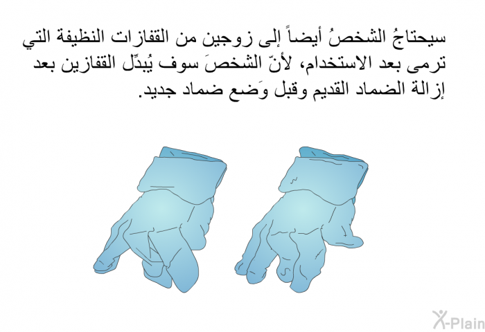 سيحتاجُ الشخصُ أيضاً إلى زوجين من القفازات النظيفة التي ترمى بعد الاستخدام، لأنّ الشخصَ سوف يُبدِّل القفازين بعد إزالة الضماد القديم وقبل وَضع ضماد جديد.