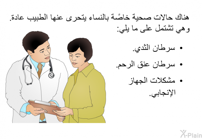 هناك حالات صحية خاصَّة بالنساء يتحرى عنها الطبيب عادة. وهي تشتمل على ما يلي:   سرطان الثدي.  سرطان عنق الرحم.  مشكلات الجهاز الإنجابي.