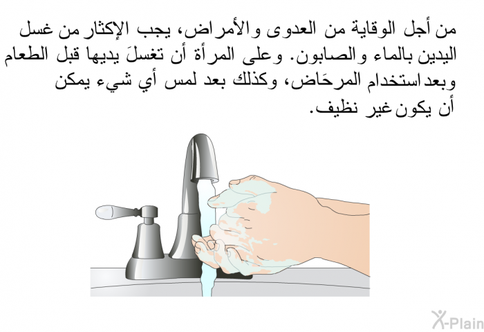 من أجل الوقاية من العدوى والأمراض، يجب الإكثار غسل اليدين بالماء والصابون. وعلى المرأة أن تغسلَ يديها قبل الطعام وبعد استخدام المرحاض، وكذلك بعد لمس أي شيء يمكن أن يكونَ غير نظيف.