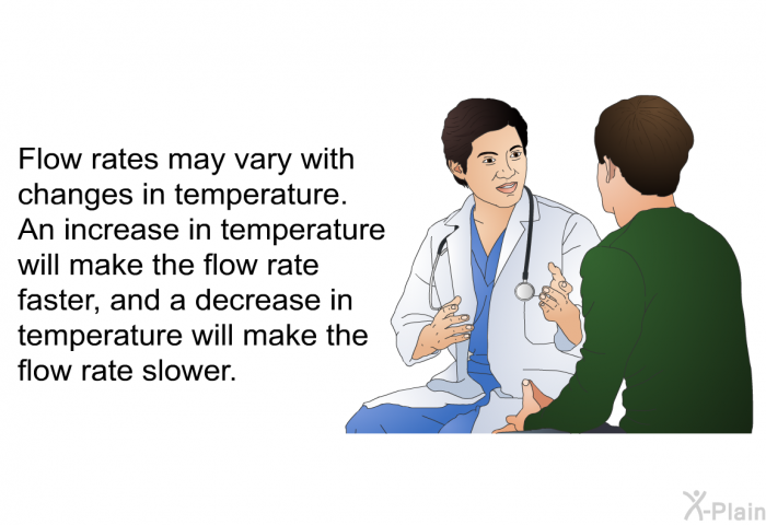 Flow rates may vary with changes in temperature. An increase in temperature will make the flow rate faster, and a decrease in temperature will make the flow rate slower.