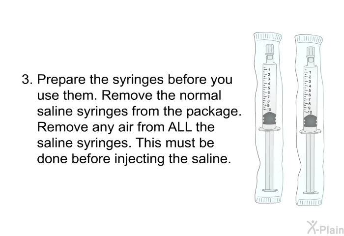 Prepare the syringes before you use them. Remove the normal saline syringes from the package. Remove any air from ALL the saline syringes. This must be done before injecting the saline.