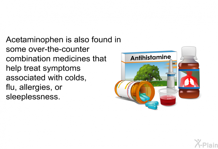 Acetaminophen is also found in some over-the-counter combination medicines that help treat symptoms associated with colds, flu, allergies, or sleeplessness.