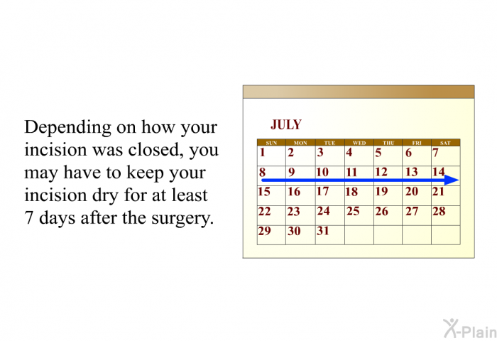 Depending on how your incision was closed, you may have to keep your incision dry for at least 7 days after the surgery.